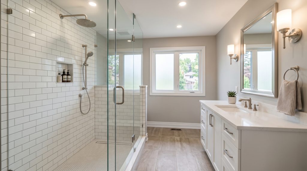 Bathroom renovation Waterloo - tiled shower and floating vanity