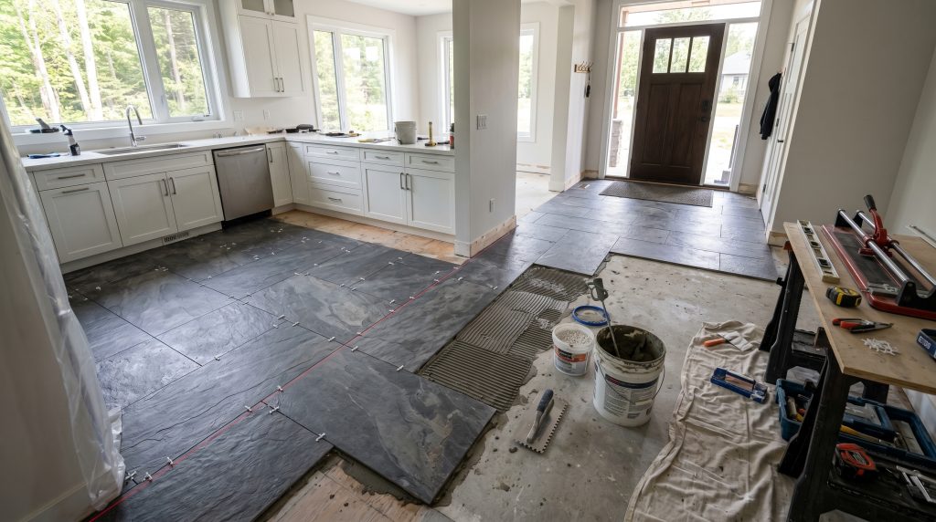 Tile flooring installation in a Cambridge home - Kitchen and Bath Reno Guys