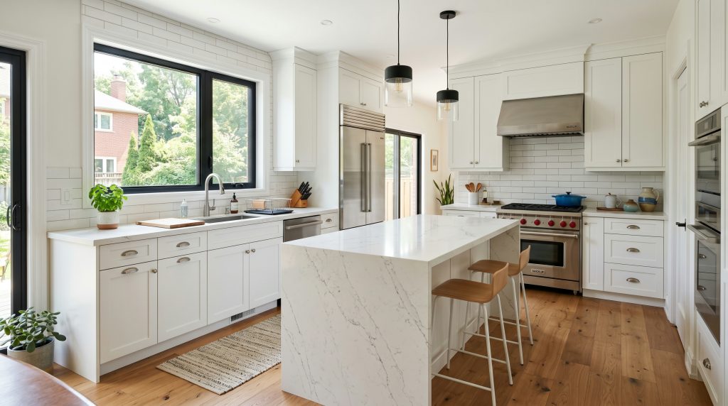 Kitchen renovation Kitchener - modern white cabinets and quartz countertops