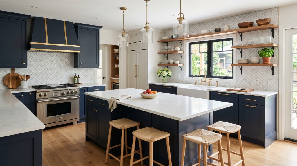 Kitchen renovation Waterloo - navy blue cabinets and quartz countertops